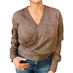 Bobi Los Angeles Taupe Dreamy Energy Surplice Long Sleeve Textured Top, Large